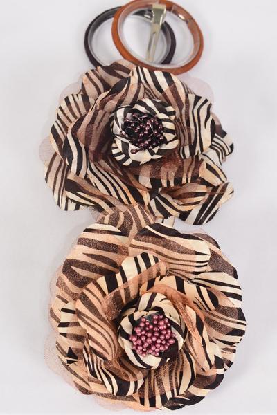 Flower Silk Flower Large Rose Zebra Print Browntone Mix / 12 pcs Flower = Dozen Brown Tone Mix , Size - 5" Wide , Alligator Clip & Elastic Pony & Brooch , 6 of each Color Asst , Display Card & UPC Code , Clear Box