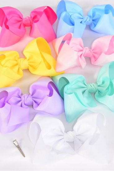 Hair Bow Extra Jumbo Cheer Type Bow Pastel Alligator Clip Grosgrain Bow-tie / 12 pcs Bow = Dozen   Alligator Clip , Size - 8" x 7" , 2 White , 2 Baby Pink , 2 Lavender , 2 Blue , 2 Yellow , 1 Hot Pink , 1 Mint Color Asst , Clip Strip & UPC Code