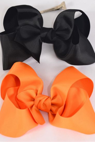 Hair Bow Extra Jumbo Cheer Type Bow Black Orange Color Mix Grosgrain Bow-tie/DZ  Alligator Clip , Size - 8" x 7" Wide , 6 Autumn Orange , 6 Black Color Asst , Clip Strip & UPC Code