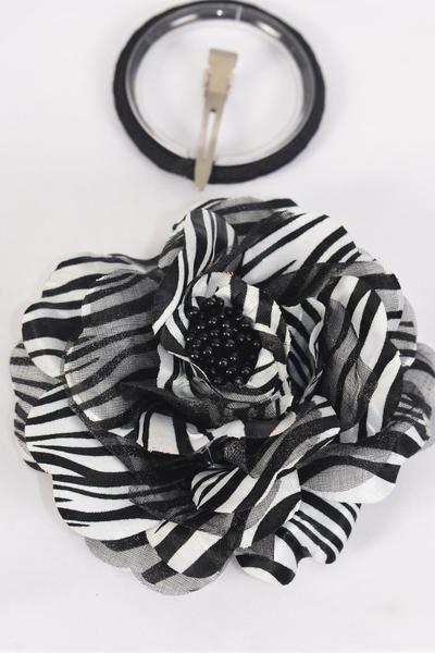 Flower Silk Flower Large Rose Gray Zebra Print Black / 12 pcs Flower = Dozen Size - 5" Wide , Alligator Clip & Elastic Pony & Brooch , Display Card & UPC Code , W Clear Box