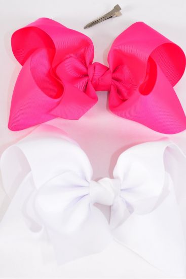 Hair Bow Extra Jumbo Cheer Type Bow Fuchsia White Color Mix Grosgrain Bow-tie / 12 pcs Bow = Dozen  Alligator Clip , Size - 8" x 7" Wide , 6 Fuchsia , 6 White Color Asst , Clip Strip & UPC Code