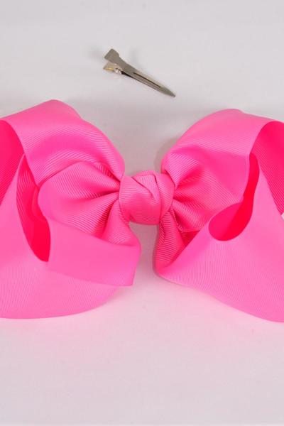 Hair Bow Extra Jumbo Cheer Type Bow Hot Pink Grosgrain Bow-tie / 12 pcs Bow = Dozen  Hot Pink , Alligator Clip , Size - 8" x 7" Wide ,  Clip Strip & UPC Code