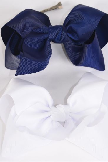 Hair Bow Extra Jumbo Cheer Type Bow Navy White Color Mix Grosgrain Bow-tie / 12 pcs Bow = Dozen  Alligator Clip , Size - 8" x 7" Wide , 6 of each Color Asst , Clip Strip & UPC Code