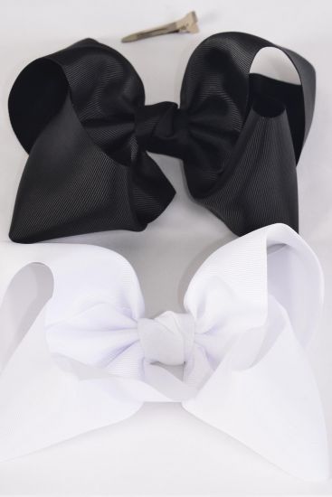 Hair Bow Extra Jumbo Cheer Type Bow Black White Color Mix Grosgrain Bow-tie / 12 pcs Bow = Dozen Alligator Clip , Size - 8" x 7" Wide , 6 of Each Color Asst , Clip Strip & UPC Code