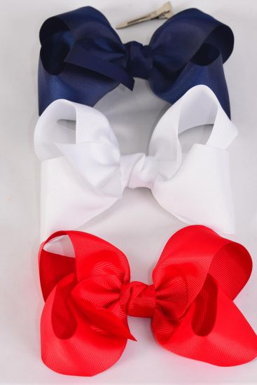 Hair Bow Jumbo Red White Navy Mix Grosgrain Bow-tie / 12 pcs Bow = Dozen Alligator Clip , Size - 6" x 5", 4 Red , 4 White , 4 Navy Color Asst , Clip Strip & UPC Code