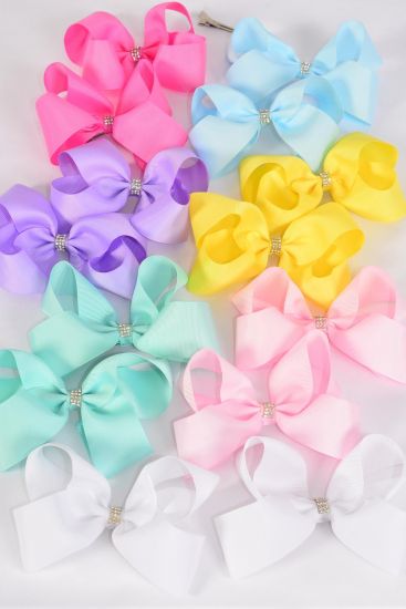 Hair Bow 24 pcs Bowtie Center Clear Stones Pastel Grosgrain Bow-tie / 24 pcs Bow = Dozen  Size - 3.5" x 3", Alligator Clip , 2 White , 2 Baby Pink , 2 Lavender , 2 Blue , 2 Yellow , 1 Hot Pink , 1 Mint Green Color Asst 