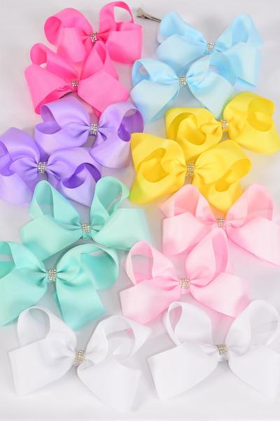 Hair Bow 24 pcs Bowtie Center Clear Stones Pastel Grosgrain Bow-tie / 24 pcs Bow = Dozen  Size - 3.5" x 3", Alligator Clip , 2 White , 2 Baby Pink , 2 Lavender , 2 Blue , 2 Yellow , 1 Hot Pink , 1 Mint Green Color Asst 