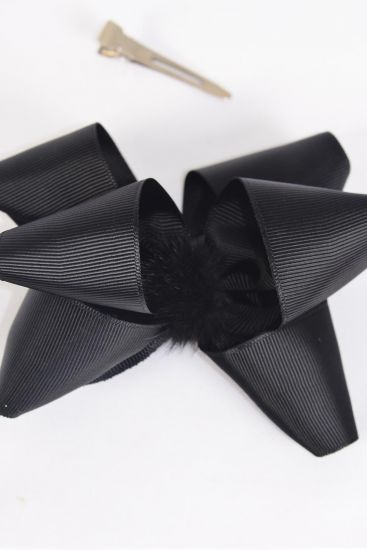 Hair Bow Jumbo Double Layered Center Mink Fur Ball Grosgrain Bow-tie Black / 12 pcs Bow = Dozen Black , Alligator Clip , Bow - 6" x 5" Wide , Clip Strip & UPC Code