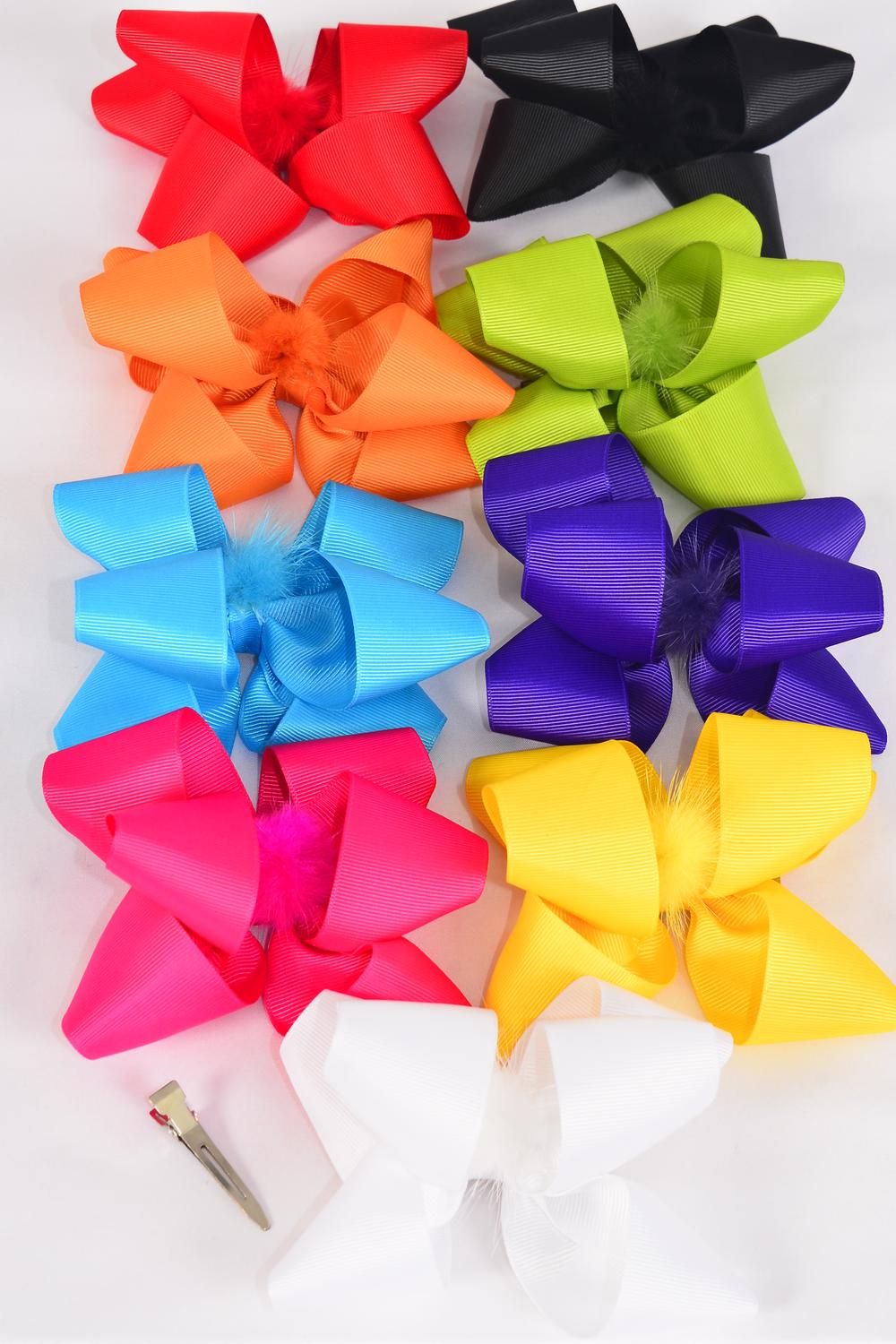 Hair Bow Jumbo Double Layered Center Mink Fur Ball Grosgrain Bowtie