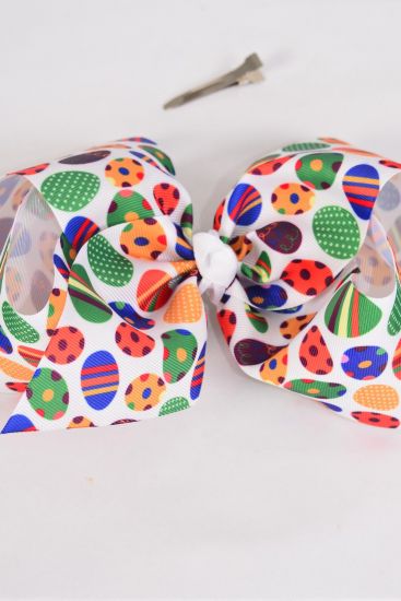 Hair Bow Extra Jumbo Cheer Type Bow Colorful Easter Eggs Grosgrain Bow-tie / 12 pcs Bow = Dozen  Alligator Clip , Size - 8" x 7" Wide , Clip Strip & UPC Code