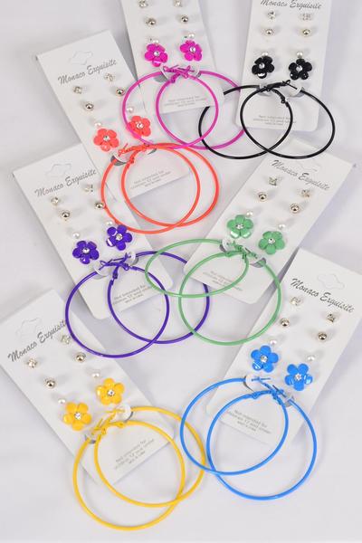 Earrings 5 Pair Mix Loop Studs Flower Mix Multi / 60 pair = Dozen Post , Loop - 2.25" Wide , 2 Yellow, 2 Bk , 2 Blue, 2 Fuchsia , 1 Orange , 2 Purple , 1 Green Mix , Opp Bag & UPC Code , 5 pair Card , 12 Card = Dozen