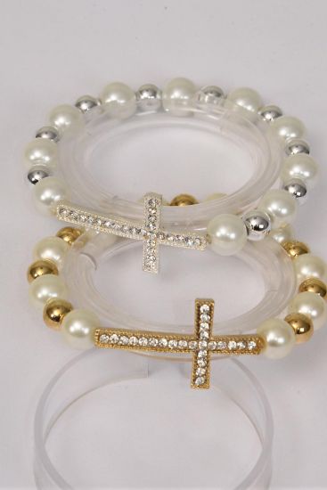 Bracelet Sideways Cross Rhinestone 10 mm Glass Pearl & 8 mm CCB Stretch / 12 pcs = Dozen  Stretch , Cross Size-1.5"x 1" Wide , 6 Gold , 6 Silver Mix , Hang Tag & OPP bag & UPC Code
