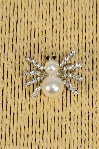 Brooch Spider Pearl Rhinestones / 12 PCS = Dozen Size - 1.25" x 1" Wide , Display Card & OPP Bag & UPC Code , Choose Colors
