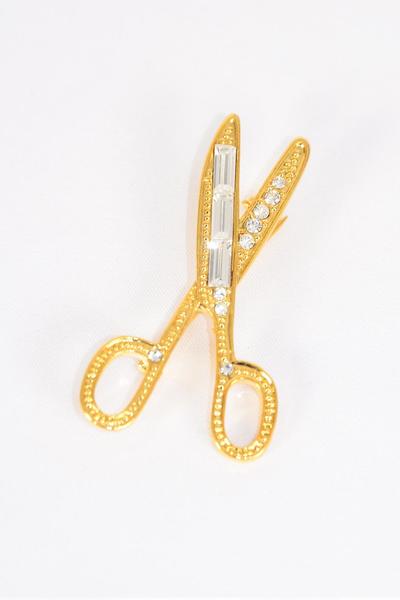 Brooch Open Scissor Gold Rhinestone Baggage / 12pcs = Dozen  Size - 2" x 1" Wide , Display Card & OP Bag & UPC Code