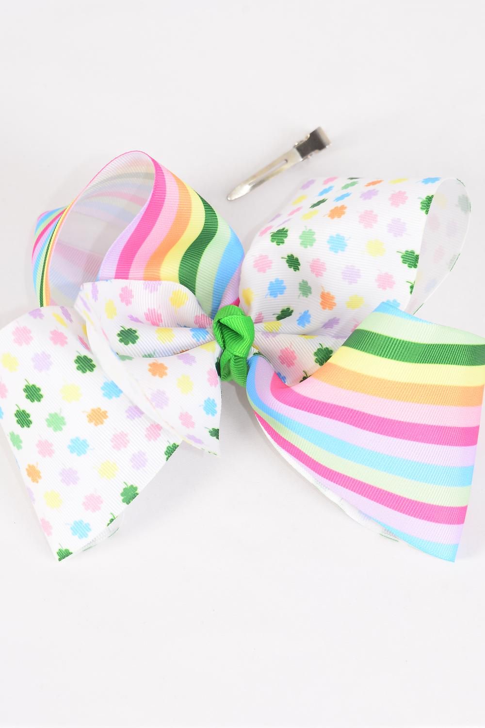 Hair Bow Jumbo Cheer Type Bow Multi Clover Stripes Grosgrain Bow