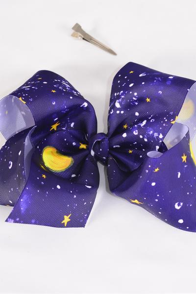 Hair Bow Extra Jumbo Cheer Type Bow Night Sky Moon Stars Grosgrain Bow-tie / 12 pcs Bow = Dozen Alligator Clip , Size - 8" x 7" Wide , Clip Strip & UPC Code