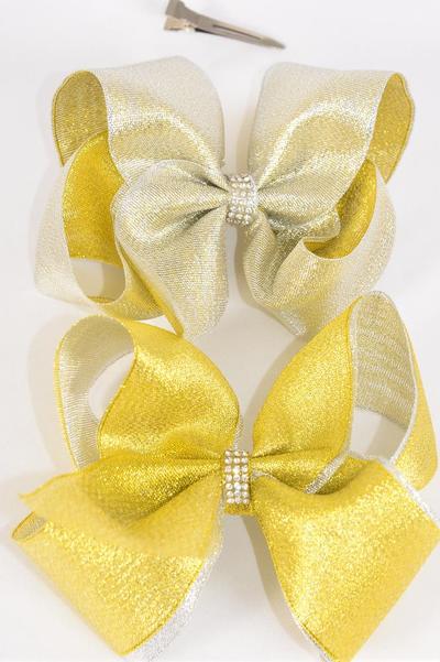 Hair Bow Jumbo Double Layered Metallic Gold Silver Mix / 12 pcs Bow = Dozen Alligator Clip , Size- 6"x 5" Wide , 6 Gold , 6 Silver Asst , Clip Strip & UPC Code