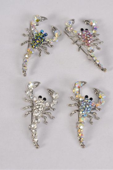 Brooch Scorpion Rhinestones / 12 pcs = Dozen  Size - 2" x 1" Wide , Display Card & OPP Bag & UPC Code , Choose Colors