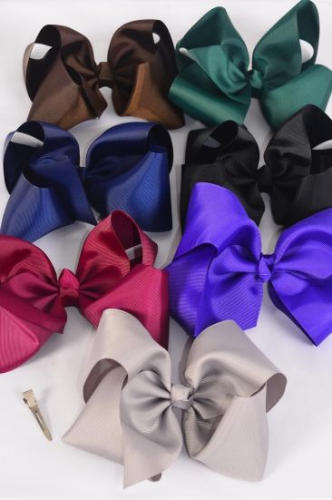 Hair Bow Jumbo Gray Dark Multi Grosgrain Bow-tie / 12 pcs Bow = Dozen Alligator Clip , Size - 6" x 5" Wide , 2 Black , 2 Navy , 2 Burg , 2 Hunter Green , 2 Brown , 1 Gray , 1 Purple Color Mix , Clip Strip & UPC Code