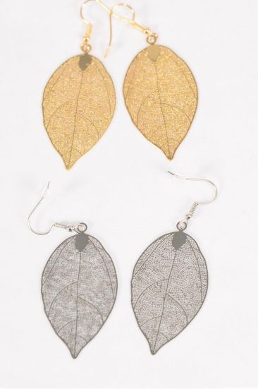 Earrings Laser Cut Stainless Steel Leaf / 12 pair = Dozen Fish Hook , Size - 2" x 1" Wide , 6 Silver , 6 Gold Mix , Earring Card & OPP bag & UPC Code