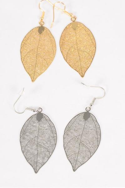 Earrings Laser Cut Stainless Steel Leaf / 12 pair = Dozen Fish Hook , Size - 2" x 1" Wide , 6 Silver , 6 Gold Mix , Earring Card & OPP bag & UPC Code