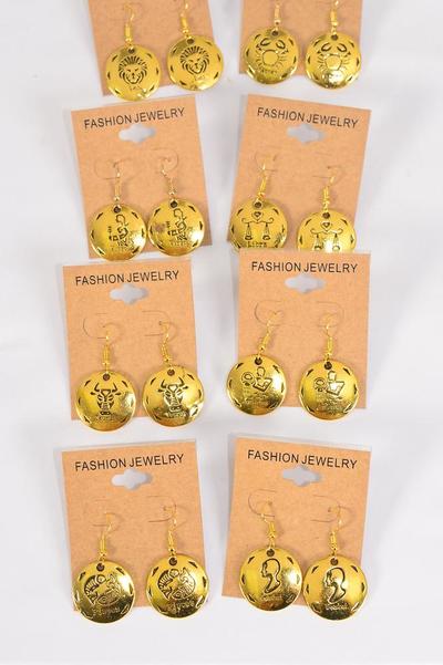 Earrings Antique Greek Myth Zodiac Sign Antique Gold / 12 pair = Dozen  Fish Hook , Size - 1" Wide , 12 Month Asst , Earring Card & OPP Bag & UPC Code