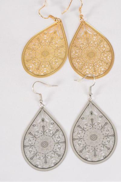 Earrings Laser Cut Stainless Steel Teardrop Gold Silver Mix / 12 pair = Dozen Fish Hook , Size-2.5"x 1.5" Wide , 6 Silver & 6 Gold Mix , Earring Card & OPP bag & UPC Code