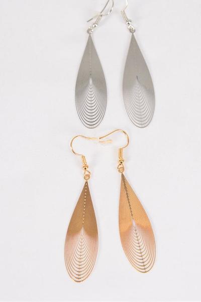 Earrings Laser Cut Stainless Steel Filigree Teardrop Gold Silver Mix /12 pair = Dozen  Fish Hook , Size - 2" x 0.75" Wide , 6 Silver , 6 Gold Mix , Earring Card & OPP bag & UPC Code