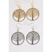 Earrings Laser Cut Stainless Steel Tree of Life G/S/DZ **Fish Hook** Size-1.25&quot; Wide,6 Silver &amp; 6 Gold Mix,Earring Card &amp; OPP bag &amp; UPC Code