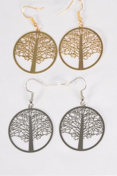 Earrings Laser Cut Stainless Steel Tree of Life Gold Silver Mix / 12 pair = Dozen Fish Hook , Size-1.25" Wide , 6 Silver , 6 Gold Mix , Earring Card & OPP bag & UPC Code