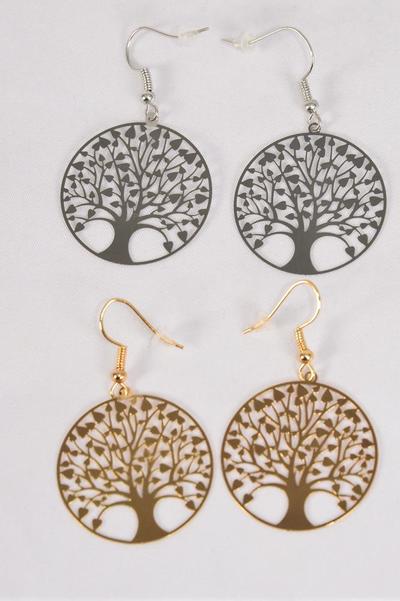 Earrings Laser Cut Stainless Steel Tree of Life Gold Silver Mix / 12 pair = Dozen Fish Hook , Size - 1.25" Wide , 6 Silver , 6 Gold Mix , Earring Card & OPP bag & UPC Code