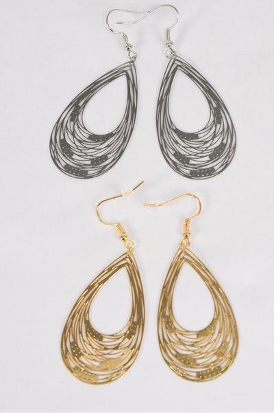 Earrings Laser Cut Stainless Steel Teardrop Gold Silver Mix / 12 pair = Dozen Fish Hook , Size - 2" x 1" Wide , 6 Silver , 6 Gold Mix , Earring Card & OPP bag & UPC Code