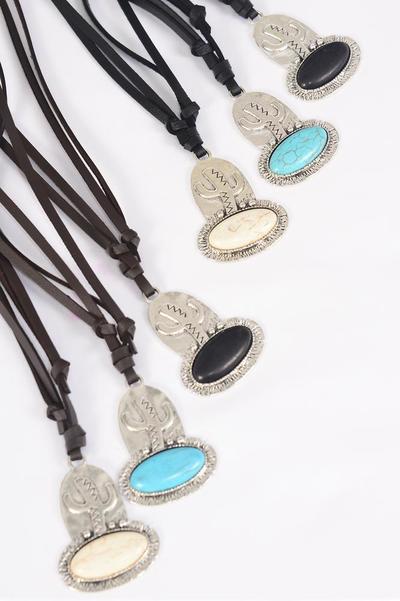 Leather Necklace Cactus Center Semiprecious Stone / 12 pcs = Dozen Match 03136 Adjustable , Cactus-2"x 1.5" Wide , 4 Black , 4 Turquoise , 4 Ivory Color Ssst , 6 Black 6 Brown Leather Mix , Hang Tag & OPP Bag & UPC Code