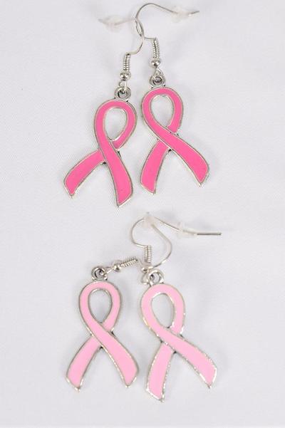 Earrings Metal Silver Pink Ribbon Enamel / 12 pair = Dozen Fish Hook , Ribbon -1.25" x 0.75" Wide , 6 Hot Pink , 6 Baby Pink Mix , Earring Card & OPP Bag & UPC Code