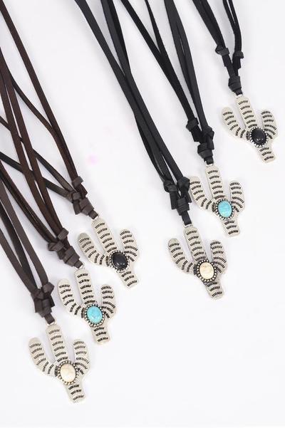 Leather Necklace Cactus Center Semiprecious Stone / 12 pcs = Dozen   Match 03135 Adjustable , Unisex , Cactus 1.75"x 1.25" Wide , 4 Black , 4 Turquoise , 4 Ivory Asst , 6 Black 6 Brown Leather Mix , Hang Tag & OPP Bag & UPC Code 
