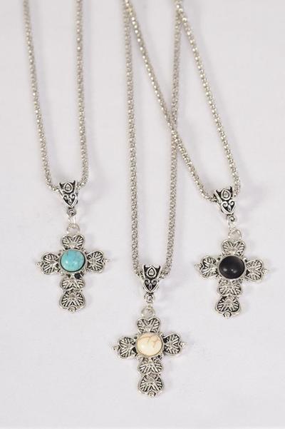 Necklace Silver Chain Cross Real Semiprecious Stone / 12 pcs = Dozen  match 03107 Pendant - 1.25" x 1" Wide , Chain - 18" Extension Chain , 4 Ivory , 4 Black , 4 Turquoise Asst , Hang Tag & OPP Bag & UPC Code