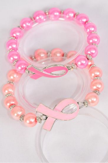 Bracelet Enamel Pink Ribbon 12 mm Pearl / 12 pcs = Dozen match 03101 Stretch , 6 of each Pattern Asst , Hang Tag & OPP bag & UPC Code