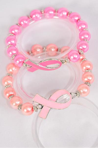 Bracelet Enamel Pink Ribbon 12 mm Pearl / 12 pcs = Dozen match 03101 Stretch , 6 of each Pattern Asst , Hang Tag & OPP bag & UPC Code