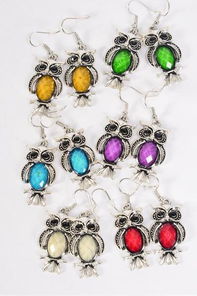 Earrings Metal Antique Owl Poly Stones Marble Look  Multi / 12 pair = Dozen match 70316 25671 Fish Hook , Owl Size - 1.25" x 0.75" Wide , 2 of each Color Asst , Earring Card & OPP Bag & UPC Code