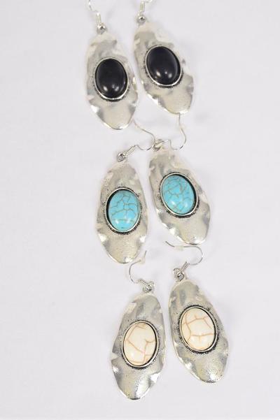 Earrings Metal Antique Oval Semiprecious Stone / 12 pair = Dozen  Match 70084 Fish Hook , Size - 2" x 1" Wide , 4 Black , 4 Ivory , 4 Turquoise Asst , Earring Card & OPP Bag & UPC Code -