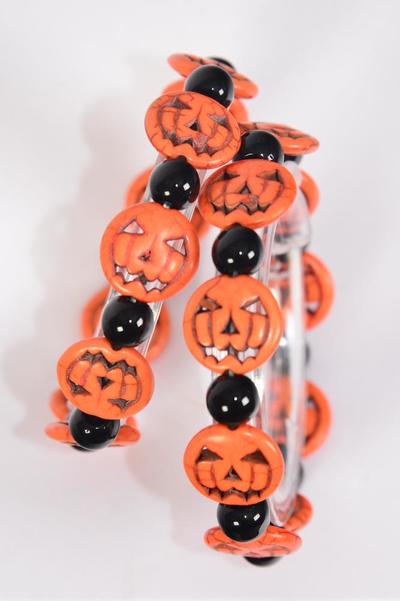 Bracelet Halloween Pumpkin 8 mm Beads Semiprecious Stones Black & Orange Mix / 12 pcs = Dozen match 03120 Stretch , Hang Tag & Opp Bag & UPC Code