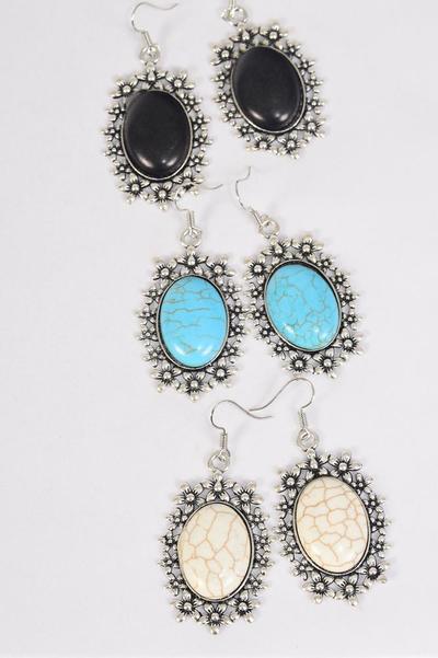 Earrings Metal Antique Oval Semiprecious Stone / 12 pair = Dozen Fish Hook , Size - 1.75" x 1.25" Wide , 4 Black , 4 Ivory , 4 Turquoise Asst , Earring Card & OPP Bag & UPC Code -