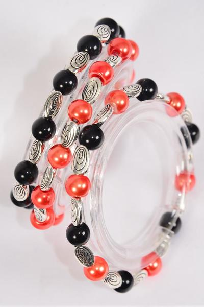 Bracelet 8 mm Glass Pearl Black & Orange Mix Stretch / 12 pcs = Dozen Stretch , 4 of each Color Asst , Hang Tag & Opp Bag & UPC Code