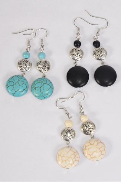 Earrings Metal Antique Butterfly Semiprecious Stone / 12 pair = Dozen  Fish Hook , Size - 1.75" x 1.25" Wide , 4 Black , 4 Ivory , 4 Turquoise Asst , Earring Card & OPP Bag & UPC Code