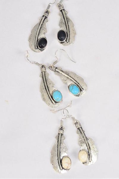 Earrings Metal Antique Feather Symbol Semiprecious Stone / 12 pair Flower = Dozen Fish Hook , Size - 1.25" x 0.75" Wide , 4 Black , 4 Ivory , 4 Turquoise Asst , Earring Card & OPP Bag & UPC Code