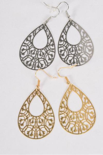 Earrings Laser Cut Stainless Steel Tear Drop Gold Silver Mix / 12 pair = Dozen Fish Hook , Size - 1.75" x 1.25" Wide , 6 Silver , 6 Gold Mix , Earring Card & OPP bag & UPC Code