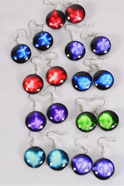 Earrings Greek Myth Zodiac Sign Double Sided Glass Dome Multi / 12 pair = Dozen  Fish Hook , Size - 0.75" Wide , 12 Month Asst , Earring Card & OPP Bag & UPC Code