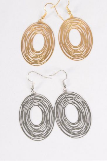 Earrings Laser Cut Stainless Steel Oval Dangle Gold Silver Mix / 12 pair = Dozen Fish Hook , Size - 1.5" x 1.25" Wide , 6 Silver , 6 Gold Colore Mix , Earring Card & OPP bag & UPC Code