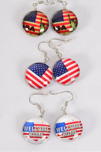 Earrings Patriotic Flag Double Sided Glass Dome / 12 pair = Dozen  Fish Hook , Size-0.75" Wide , 4 of each Pattern Asst , Earring Card & OPP Bag & UPC Code