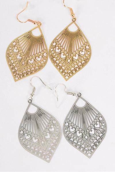 Earrings Laser Cut Stainless Steel Filigree Tear drop Gold Silver Mix / 12 pair = Dozen Fish Hook , Size - 2" x 1.25" Wide , 6 Silver , 6 Gold Mix ,Earring Card & OPP bag & UPC Code